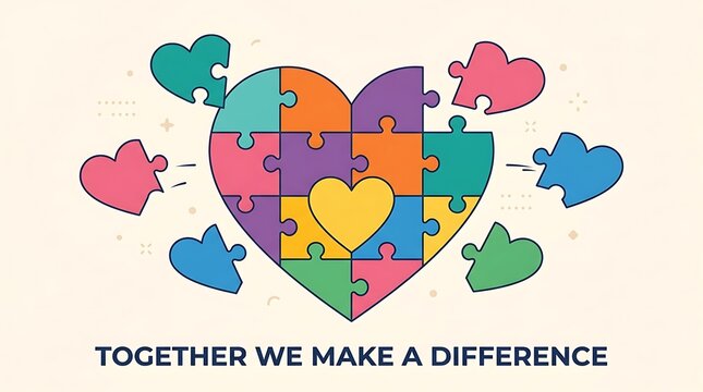 Heart-shaped puzzle pieces coming together, flat vector design, simple text that reads "Together We Make a Difference"