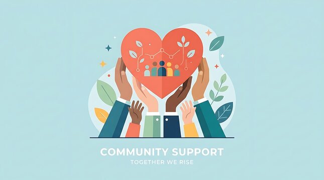 Elegant flat vector image, community support theme, minimal text, helping hands raising a heart