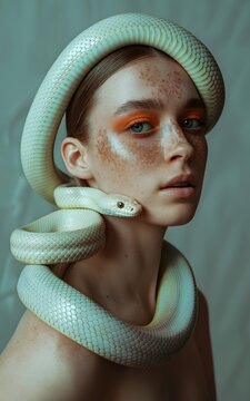 Elegant Portrait of Woman with White Snake Wrapped Around Neck and Shoulders
