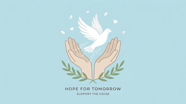 A calm, flat vector image with open palms releasing a dove, minimal text, and a nonprofit awareness theme