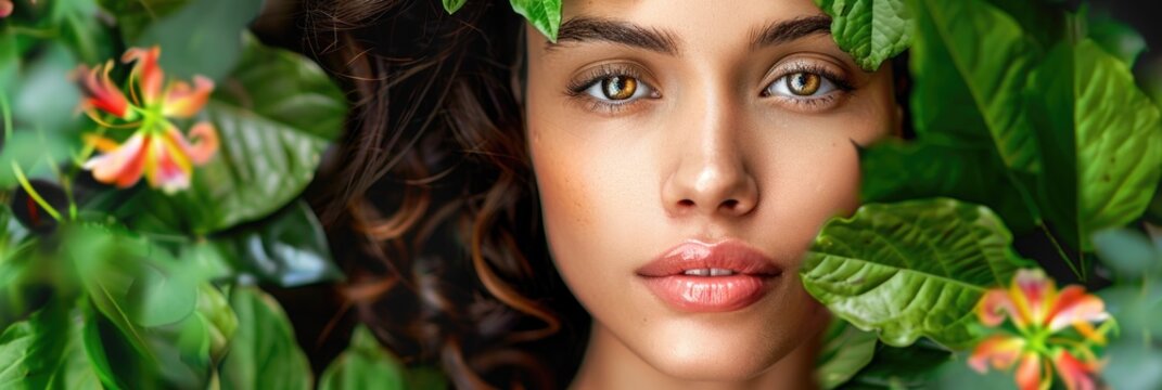 Closeup Portrait of Woman Amidst Vibrant Green Leaves and Colorful Flowers