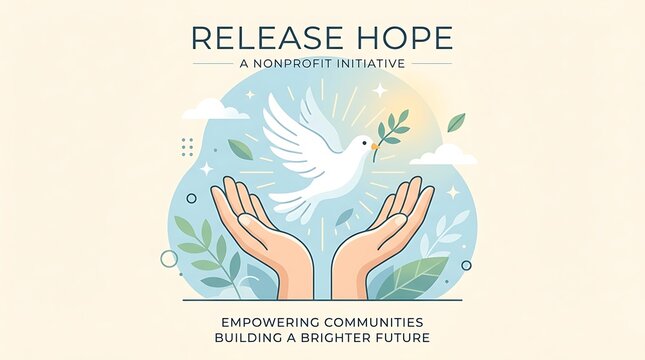 Open hands releasing a dove, minimal text, peaceful flat vector illustration, nonprofit awareness theme