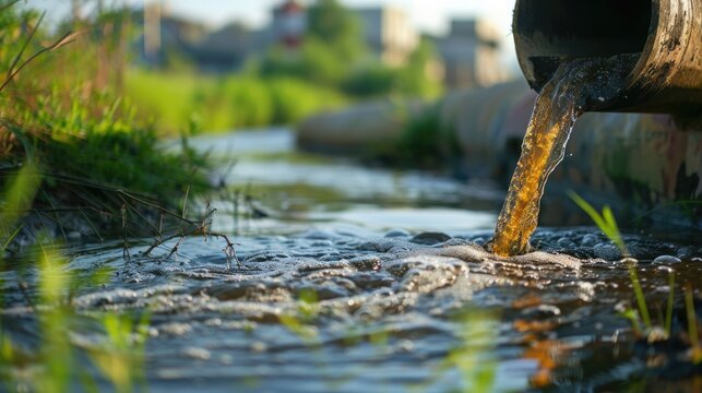 Rusty pipe discharging water into river
