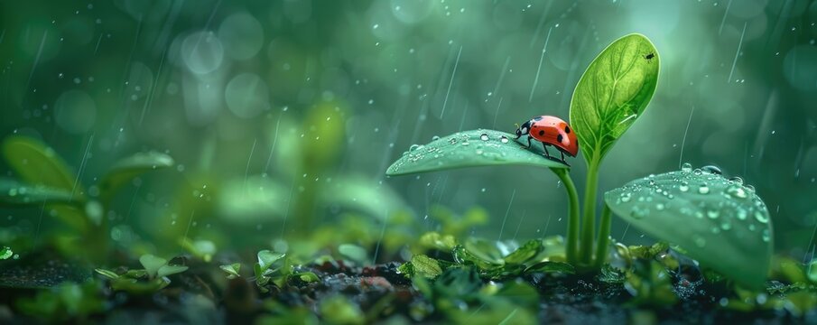 Ladybug on a leaf in the rain