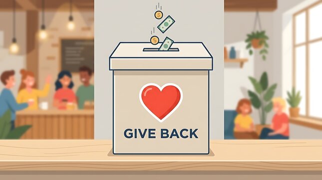 Clean, simple vector design, basic Give Back wording, and a heart-shaped donation box