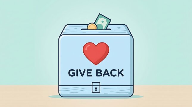 Simple donation box with a heart symbol, minimal Give Back text, clean flat vector design