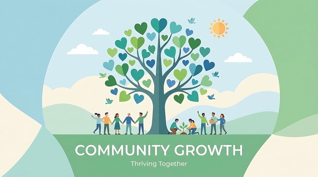 Heart-shaped leaves on a tree symbolize the development of a community; there is little text and a simple, flat vector banner