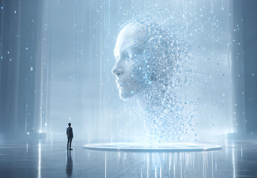 Businessman standing in front of giant glowing digital artificial intelligence head hologram made of pixel particles