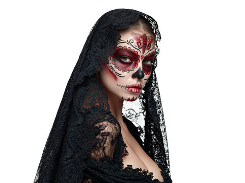 Woman with intricate red sugar skull makeup for Dia de los Muertos wearing a black lace veil against isolated on transparent or white background, png