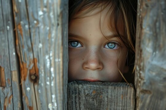 Curious Child's Blue Eyes Peeking Through Wooden Fence Captivating Childhood Portrait