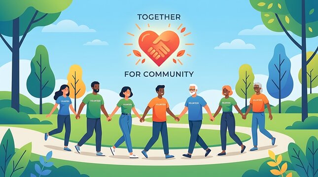 Volunteers clasping hands under a love symbol, with little text and a contemporary vector design