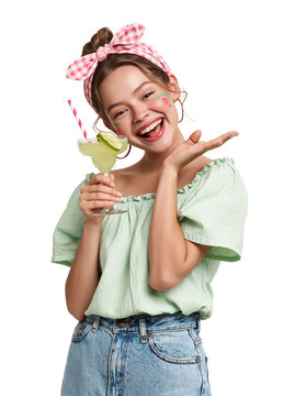 Happy young woman in retro pin-up style holding a margarita cocktail against isolated on transparent or white background, png