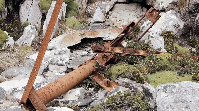Rusty Military Antenna Remains Abandoned on Rocky Hillside in Falklands (Islas Malvinas) - 4K