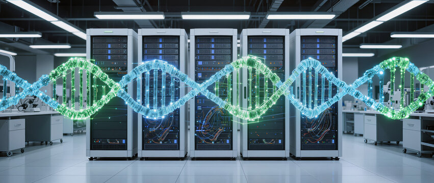 Biotechnology laboratory with dna helix in data center