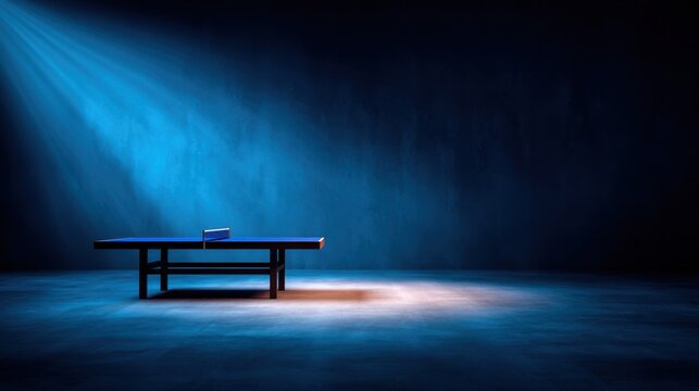 A solitary ping pong table illuminated by dramatic blue lighting in a dark, spacious environment