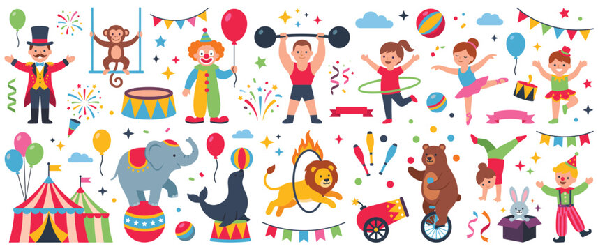 Big circus set with animals performers and entertainment icons for design.