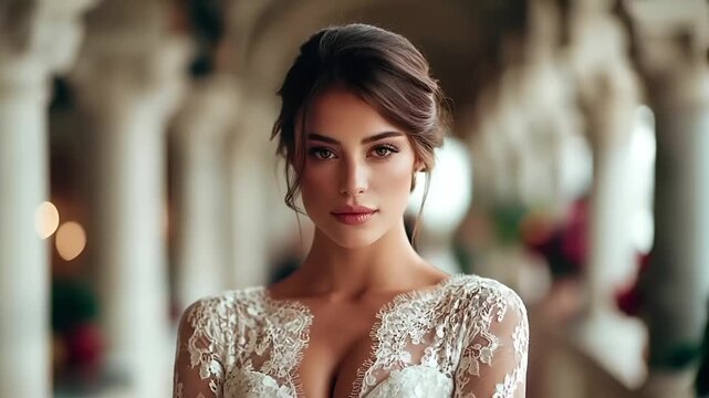 Paris, France, Europe. A portrait of a woman, captured in a side profile. She wears a white, lace dress with intricate detailing. Her hair is styled in a low bun, and her makeup is subtle.