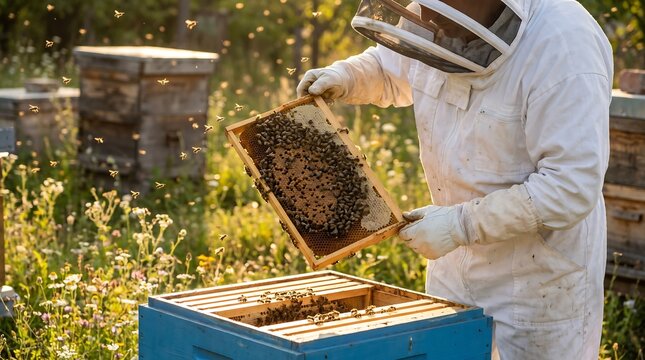 Professional beekeeper inspecting honeycomb frame with active bees in a sunny garden apiary.