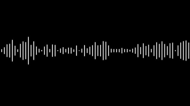 White audio waveform spectrum animation, audio visualizer on black background. Sound wave animated audio waveform spectrum animation. Music waves oscillation. Futuristic audio waves visualization. 