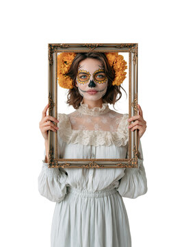 Young woman with sunflower sugar skull makeup holding an ornate vintage golden frame against isolated on transparent or white background, png