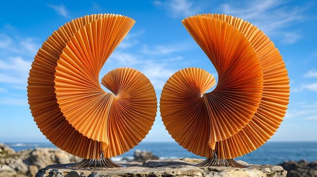 Two identical abstract sculptures resembling nautilus shells, made of layered orange material, stand outdoors against a backdrop of the ocean and sky