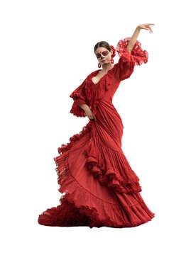 Graceful woman with Day of the Dead makeup dancing flamenco in a vibrant red ruffled dress against isolated on transparent or white background, png
