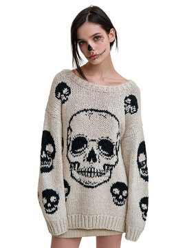 Young woman with subtle skeleton face paint wearing an oversized knitted sweater with black skulls against isolated on transparent or white background, png