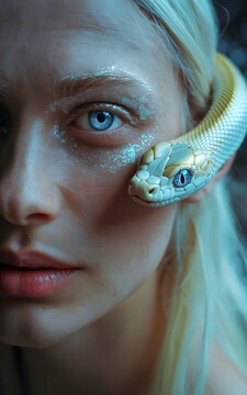 Blue‑Eyed Woman Portrait with White Snake Wrapped Around Face in Dramatic Blue Light