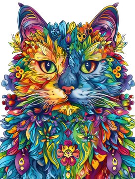 Colorful cat portrait with floral background