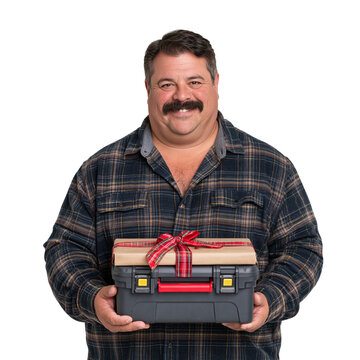 Smiling middle-aged man with a mustache wearing a plaid shirt and holding a tool box with a gift box against isolated on transparent or white background, png