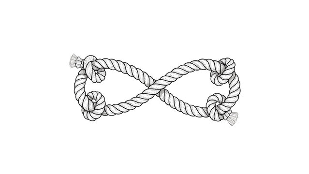 Thick textured rope tied in a complex infinity symbol pattern with knot details on a plain white background.