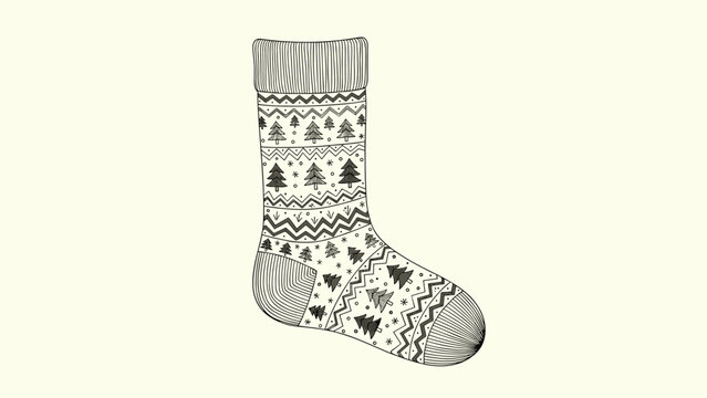 Hand drawn Christmas stocking sketch decorated with festive pine tree patterns and cozy winter textures.