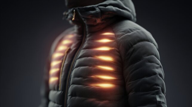 Dark close up of heated jacket with glowing heat lines, showing smart warm clothing for winter comfort and wearable heating technology.