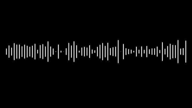 White audio waveform spectrum animation, audio visualizer on black background. Sound wave animated audio waveform spectrum animation. Music waves oscillation. Futuristic audio waves visualization. 