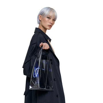 Futuristic young woman with silver short hair in a black trench coat holding a transparent bag with blue neon lights against isolated on transparent or white background, png
