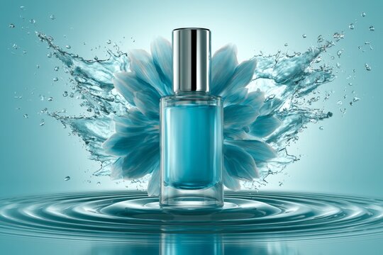 Blue skincare serum bottle with water splash and lotus flower on turquoise background