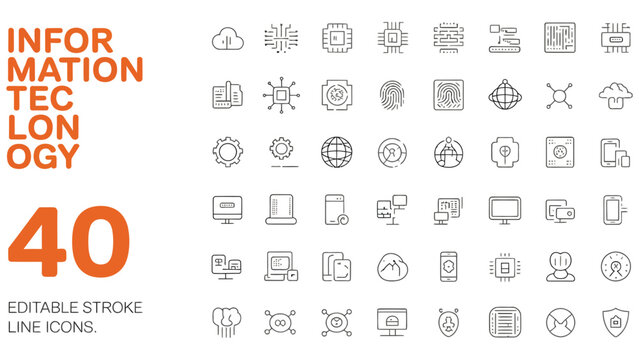 Information technology icon set. Containing IT manager, big data, data analytics, cybersecurity, artificial intelligence and more. Editable line icons. Vector illustration.