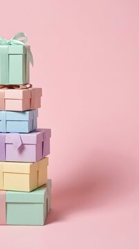 Stacked pastel gift boxes on left with pink background. Perfect negative space for birthday, baby shower, and holiday sale advertising.
