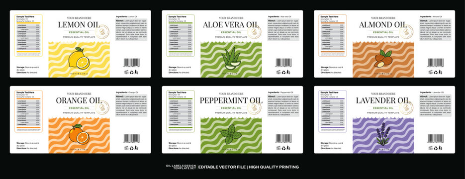 Essential Oil Ingredients Vector Label Set with Lemon, Aloe Vera, Almond, Orange, Mint, Lavender Botanical Packaging Icons, Cosmetic Skincare Aromatherapy Labels