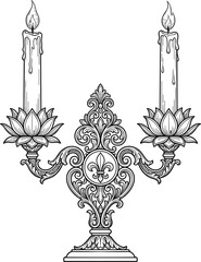 Double arm gothic candelabra with burning wax candles embellished with fleur de lis symbol black and white line art vector graphics © MDSHAHINUR