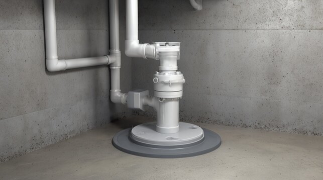 Basement radon mitigation system with vent pipe, fan and concrete wall, showing subslab depressurization for safer indoor air.