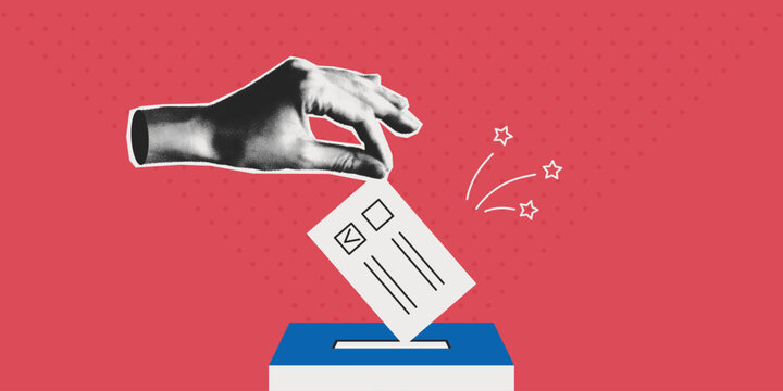 Election concept, halftone hand put paper into ballot box. Retro collage style for voting campaigns, democracy awareness, political news, social media. Pop art vintage vector mixed media illustration