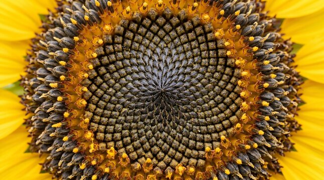 Macro view of sunflower seeds in a natural spiral pattern