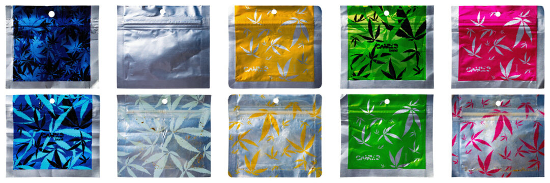 Cammo bag weed baggie cannabis brand ganja isolated collection design communication dealer dime mylar color colorful set leaf texture empty png