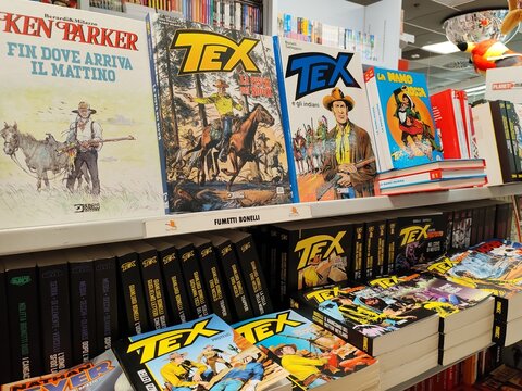 Ostia, Rome, Italy - January 4, 2026, a series of Tex comics, the famous Italian western comic created by Giovanni Luigi Bonelli and Aurelio Galleppini, Galep, published by Sergio Bonelli Editore.