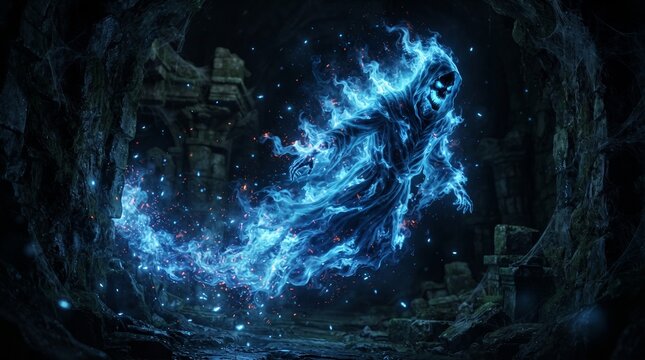 Abstract digital art featuring a glowing blue energy vortex swirling in a dark mysterious cavernous background
