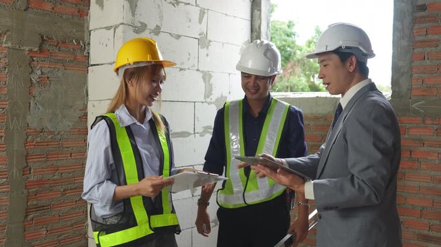 Construction inspectors and engineer discussing project details at an unfinished building site, teamwork, communication, safety compliance, site supervision, safety, construction project management.