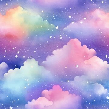 Background from magical fairy-tale gentle rainbow clouds with stars. For design of holiday invitations and cards.