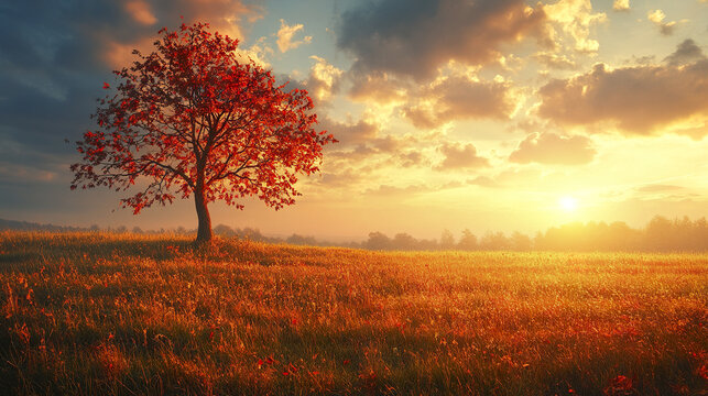 Cozy autumn sunset with golden meadow bathed in warm light and vibrant red tree leaves