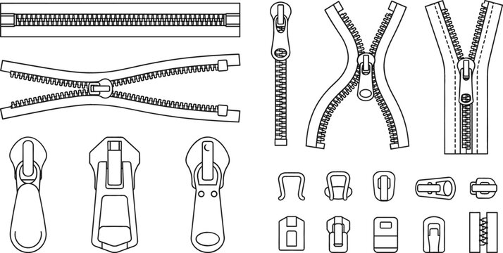 Garment zippers metal fastners and pull slider components vector line art icon collection set
